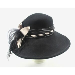 Fine Millinery Collection By August Accessories Black Wool Hat Ribbon Feathers